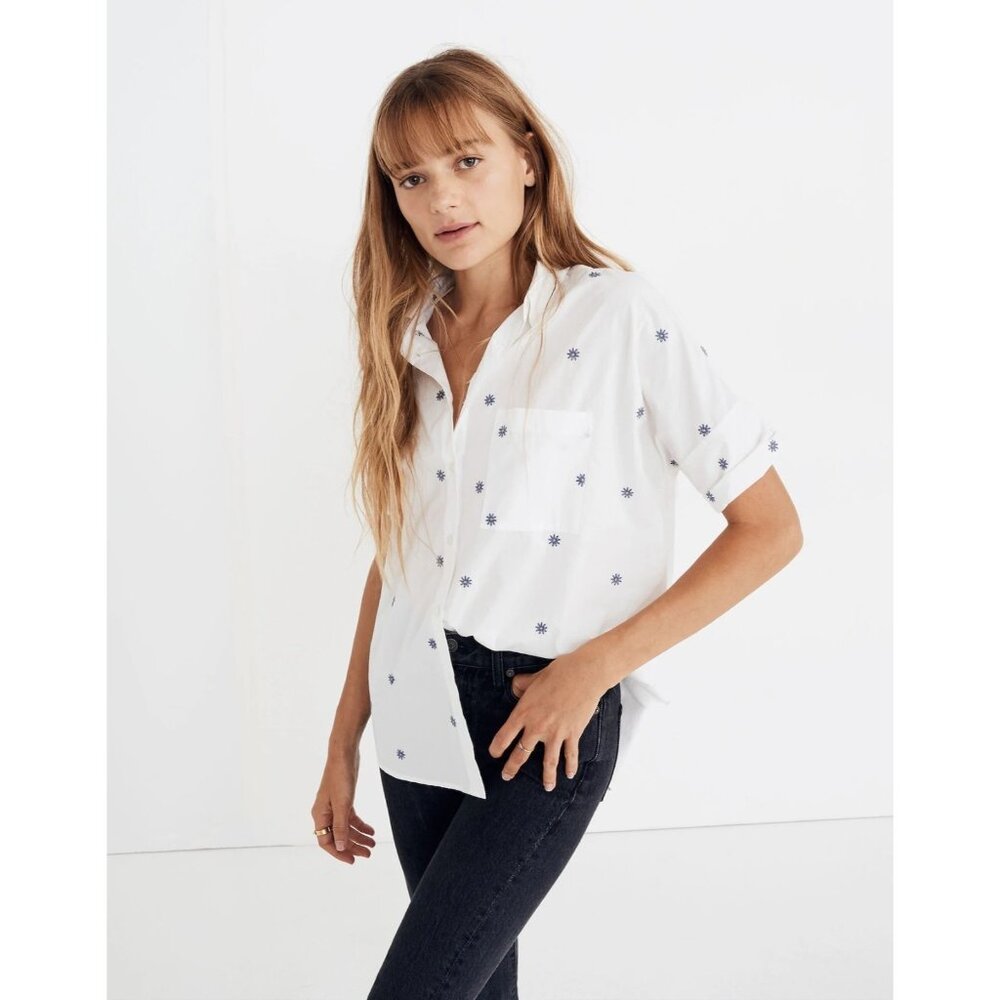 Madewell XL White Blue Embroidered Daisy Courier Shirt Summer Coastal
